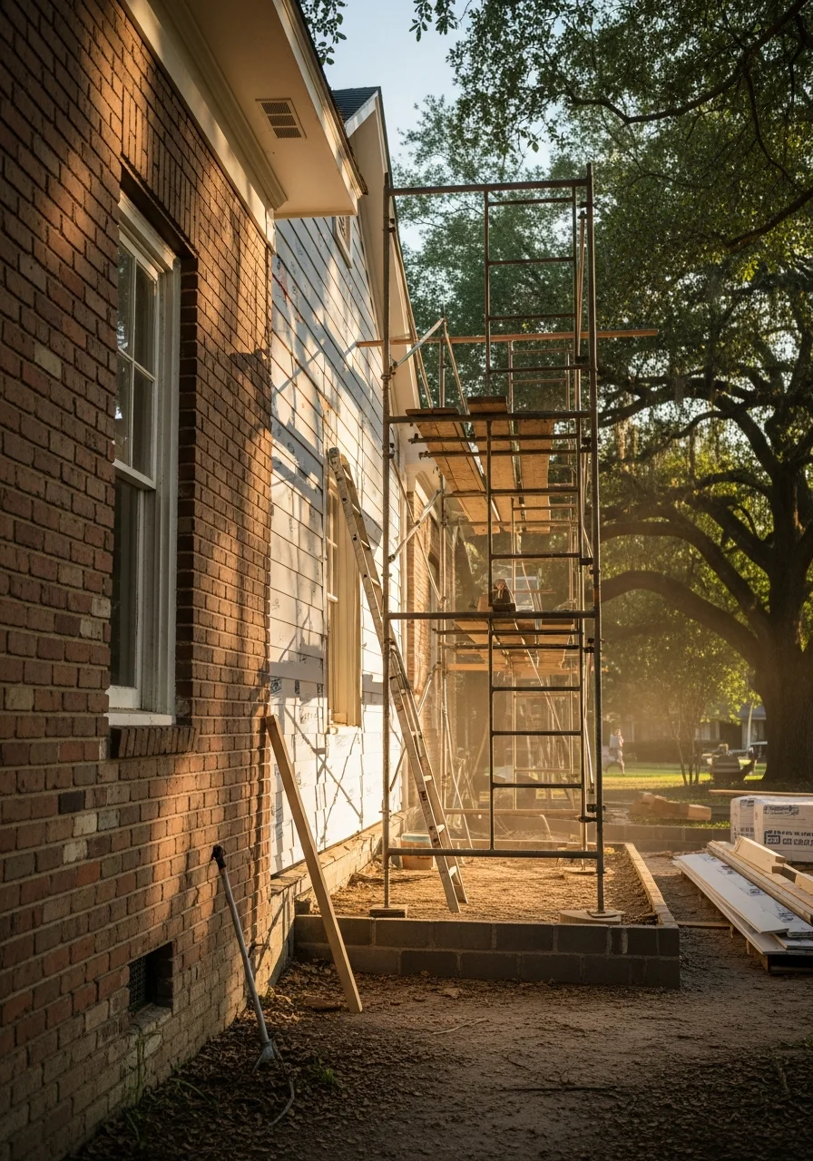 Team member performing detailed work on a Shreveport property exterior.