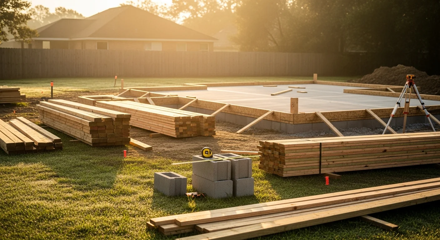 A newly built detached ADU cottage in a residential backyard in Benton, Louisiana, with a covered entry and exterior finish matching the primary home. The structure sits on a concrete foundation with clear separation from the main house and a defined walkway.