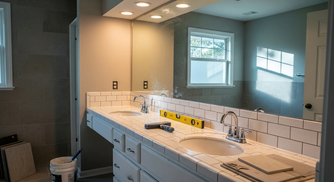 A remodeled bathroom in a Benton, LA ranch-style home featuring a walk-in tile shower, updated vanity, and new fixtures. The space shows clean lines and moisture-resistant finishes suited to Louisiana's humid climate.