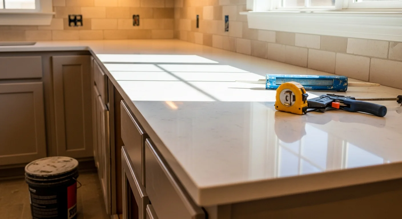 Newly installed kitchen countertop with a clean edge finish and undermount sink cutout in a Benton, Louisiana home. The surface is level and flush against the cabinetry, showing a completed professional installation by Arete Home Builders.