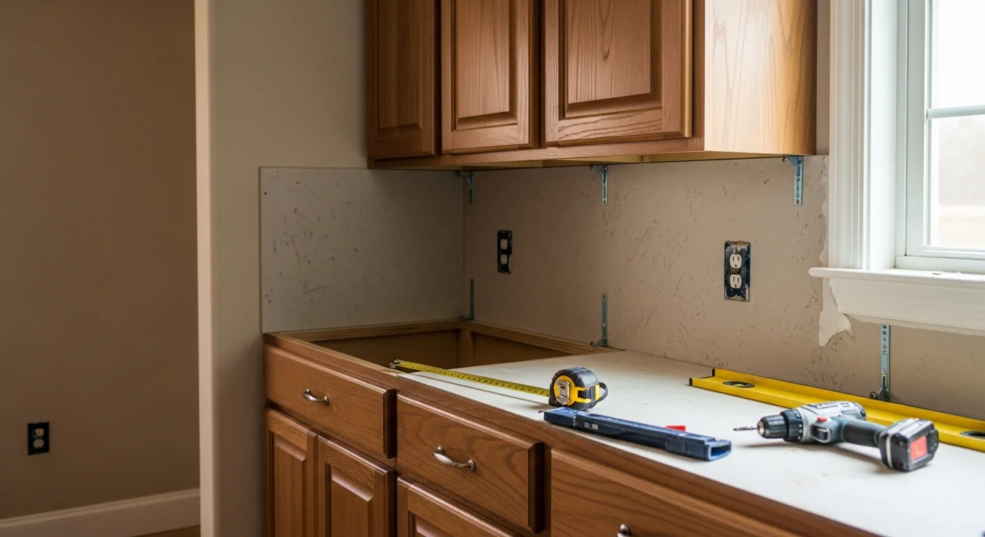 Newly installed custom kitchen cabinets in a Benton, LA home, showing floor-to-ceiling uppers and lowers fitted along the full wall with consistent finish and hardware. A second view shows a custom bathroom vanity cabinet installed flush against the wall in the same residence.
