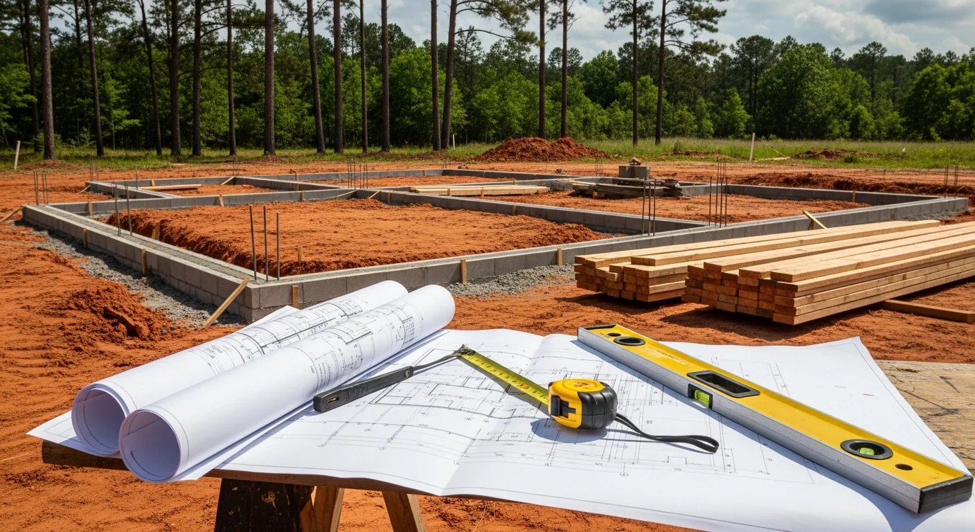 A newly constructed custom home on a wooded lot in Benton, LA, built through a design and build process by a general contractor. The exterior features materials suited to the Louisiana climate, with a covered porch and clean roofline visible from the front of the property.