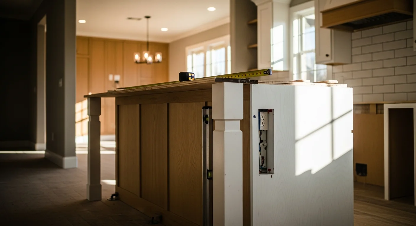 A newly installed custom kitchen island in a Benton, LA home, featuring base cabinetry, a stone countertop with seating overhang, and open sight lines to the living area. The island is anchored flush to a level floor with clean toe-kick trim and finished cabinet panels on all sides.