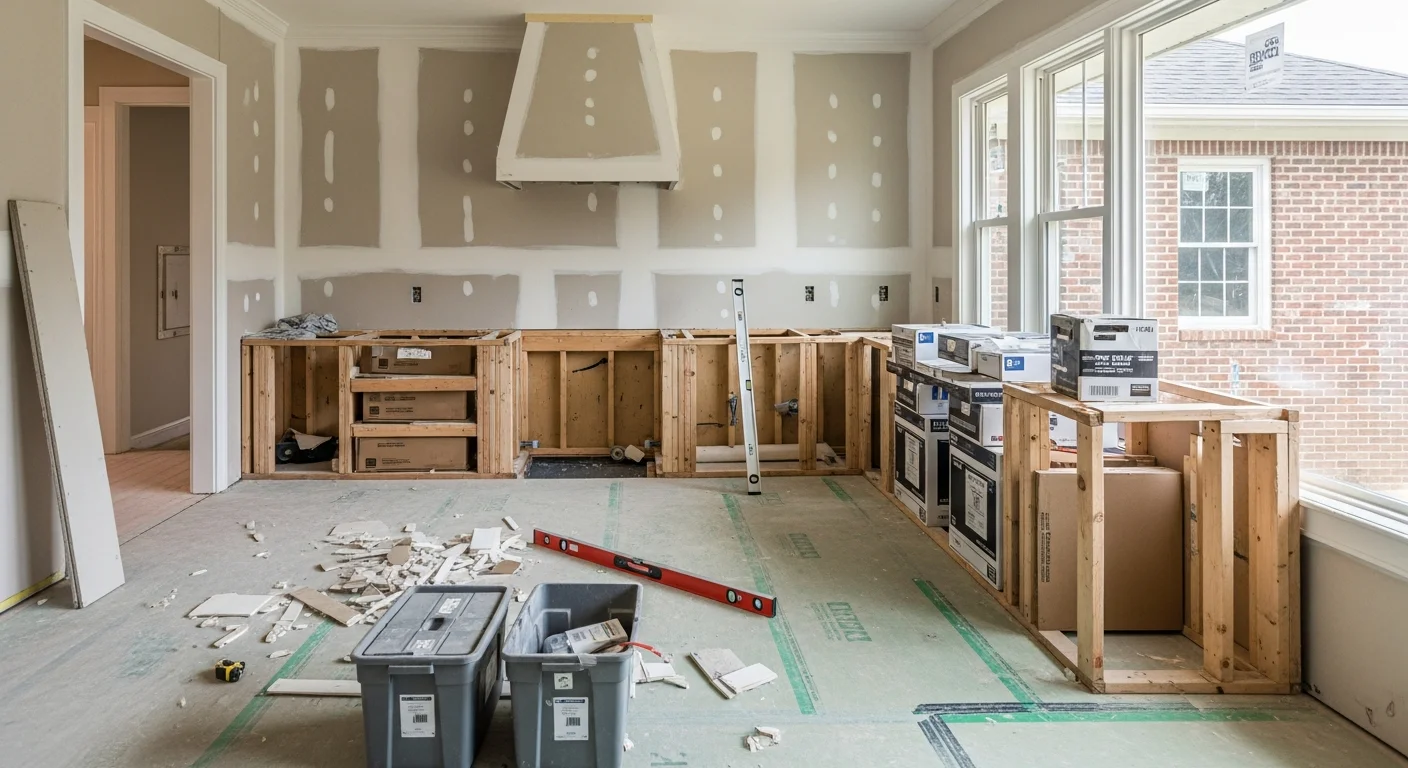 A remodeled kitchen in a Benton, Louisiana home featuring updated cabinetry, new countertops, and an open layout connecting to the main living area. The finished space reflects a clean, functional design suited to a Bossier Parish single-family home.