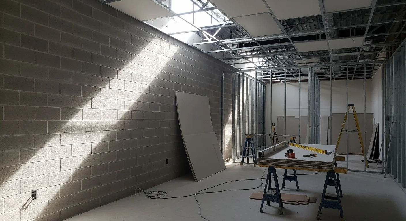 Freshly remodeled light commercial office interior in Benton, LA, showing updated flooring, reconfigured workspace layout, and new partition walls. A general contractor project completed for a small professional services business in Bossier Parish.