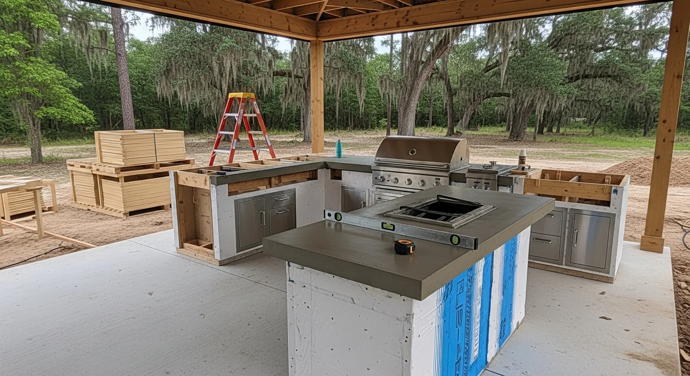 A custom outdoor kitchen built by Arete Home Builders in Benton, LA, featuring a built-in grill, sealed countertops, and weather-resistant cabinetry on a backyard patio. The structure is designed to withstand northwest Louisiana's heat and humidity.