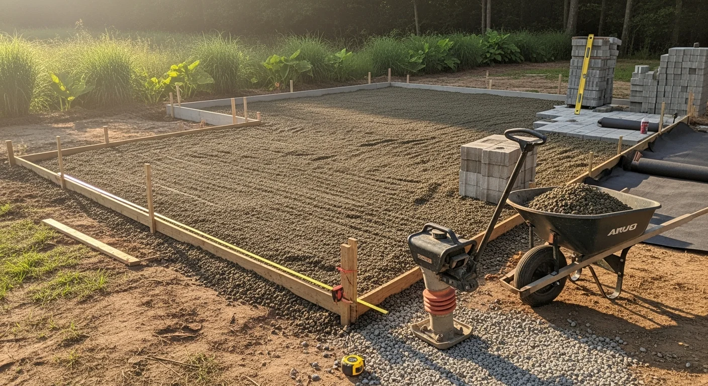 A finished concrete backyard patio attached to a ranch-style home in Benton, Louisiana, with a covered roof structure and open yard space beyond. The slab surface is smooth and level, with visible grading sloping away from the home's foundation.