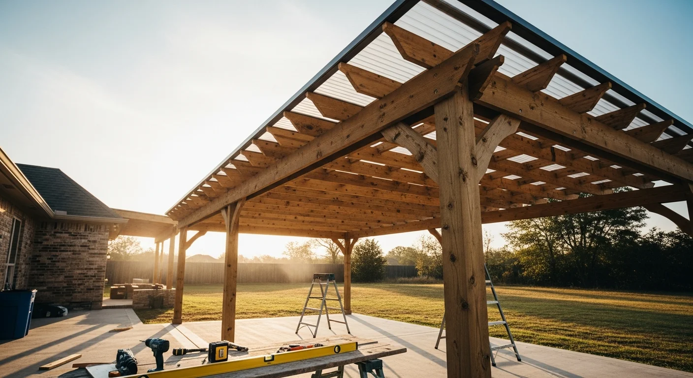 A custom-built pergola with a louvered cover installed on a backyard patio in Benton, Louisiana, showing adjustable aluminum slats, wood-look posts, and an attached outdoor seating area. The structure is connected to the rear of a single-story home with a covered patio slab and surrounding lawn.