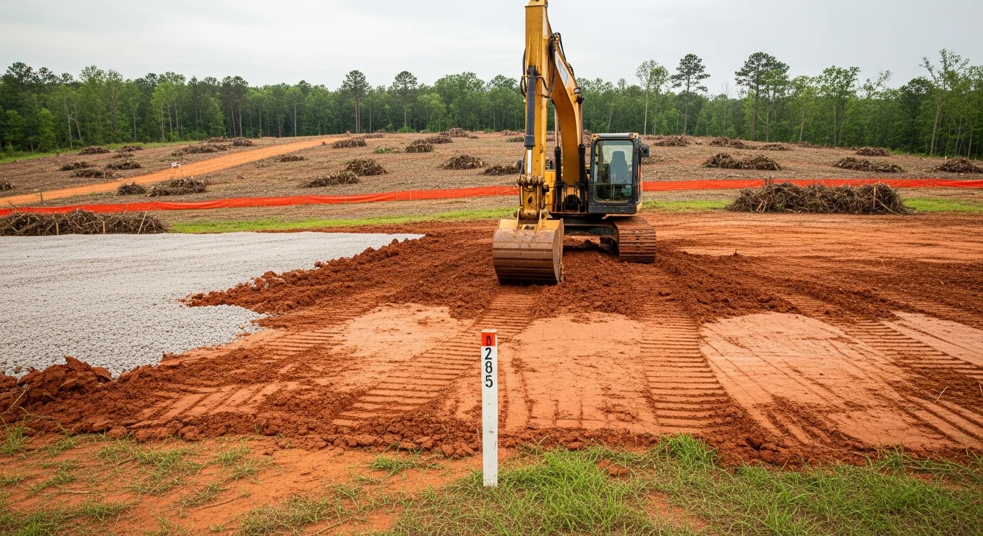 A freshly graded residential building lot in Benton, LA with cleared land, compacted soil, and a level building pad ready for foundation work. Surrounding trees mark the property boundary on a partly cloudy Louisiana day.