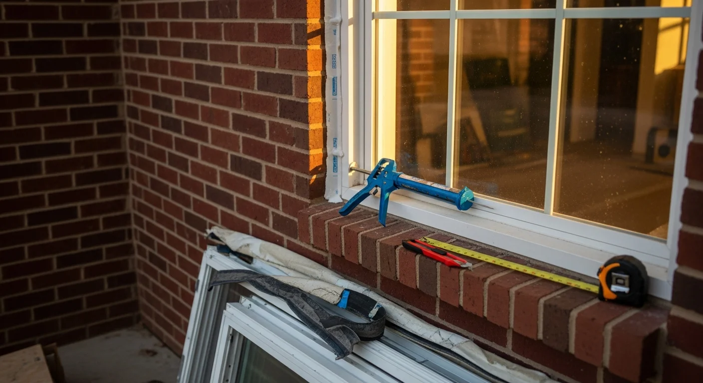 A newly installed window on the exterior of a single-family ranch-style home in Benton, LA, with clean trim lines and a tight seal against the brick facade. The window is viewed from the front yard, showing a clear glass pane and fresh caulking around the frame.